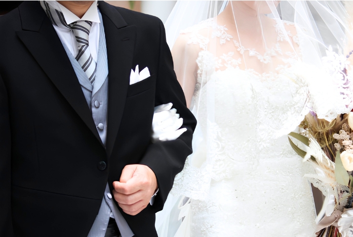 腕を組む新婦とその父親