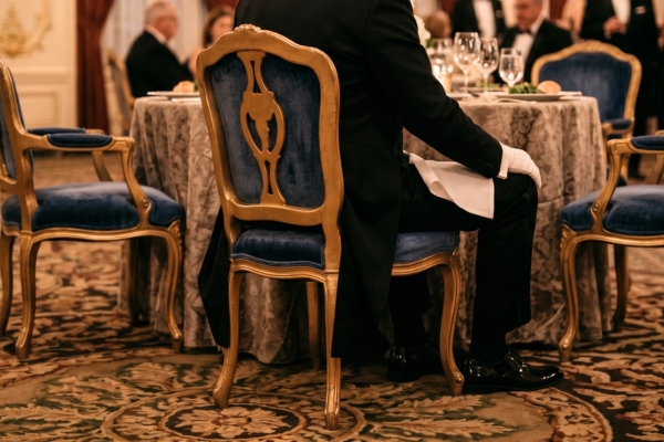 燕尾服の男性が椅子に座っている